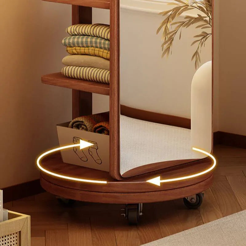 Modern Wood Hall Tree with Rotating Mirror and Open Storage