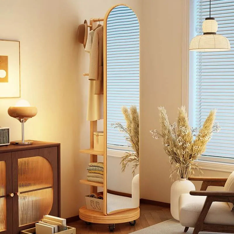 Modern Wood Hall Tree with Rotating Mirror and Open Storage