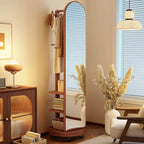 Modern Wood Hall Tree with Rotating Mirror and Open Storage