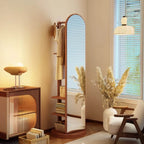 Modern Wood Hall Tree with Rotating Mirror and Open Storage