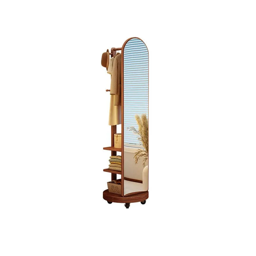 Modern Wood Hall Tree with Rotating Mirror and Open Storage