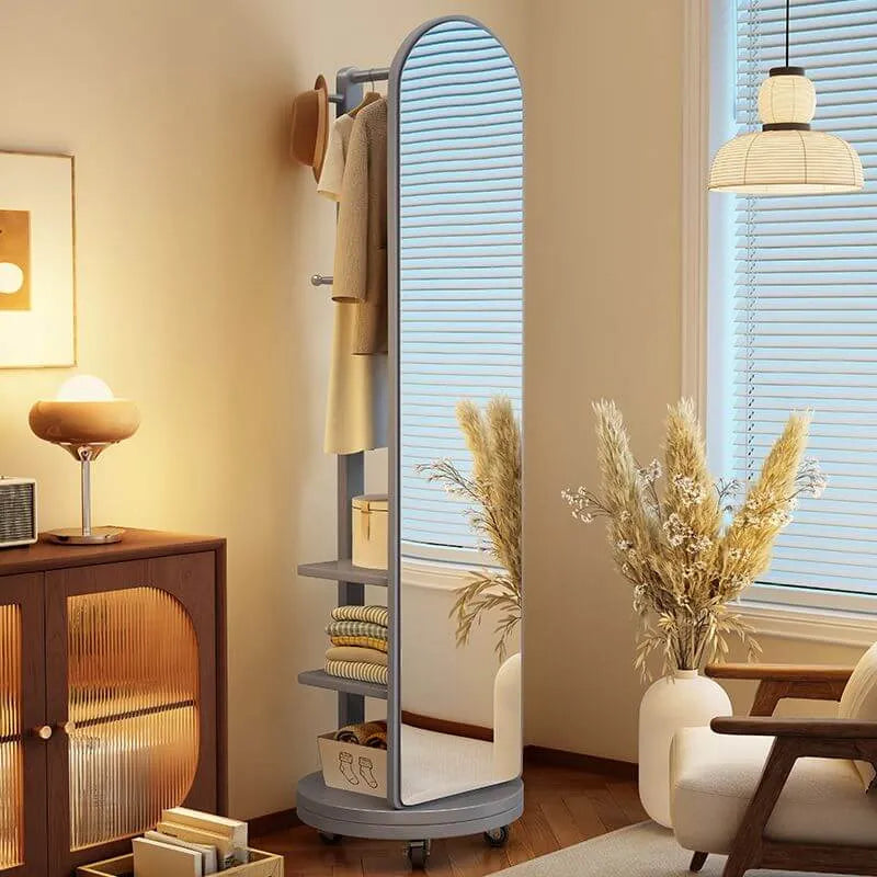 Modern Wood Hall Tree with Rotating Mirror and Open Storage