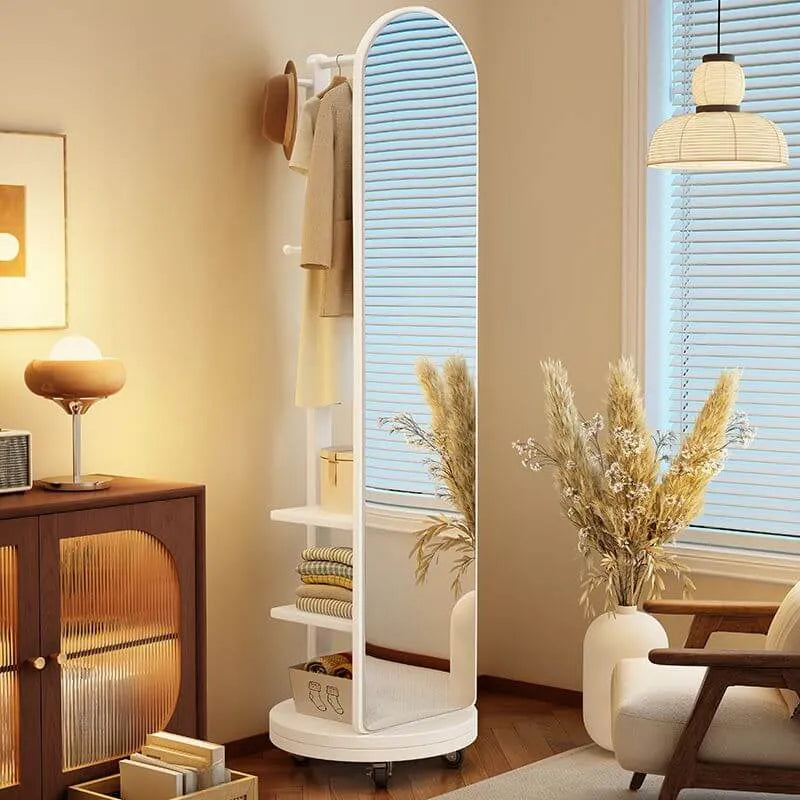 Modern Wood Hall Tree with Rotating Mirror and Open Storage