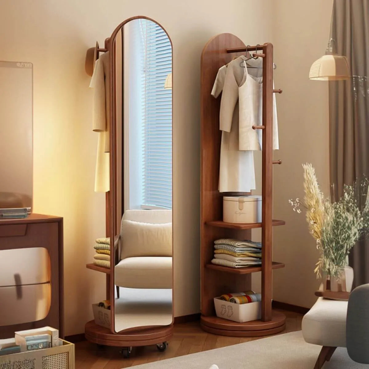 Modern Wood Hall Tree with Rotating Mirror and Open Storage Main Product Image Main image