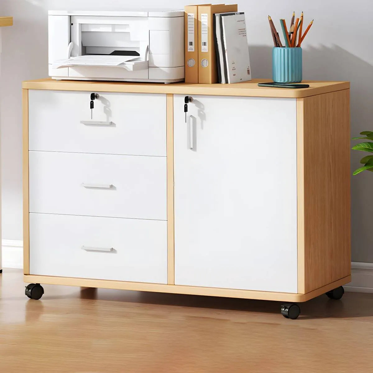 Modern Wood Office Storage Cabinet With Open Shelf And Drawers