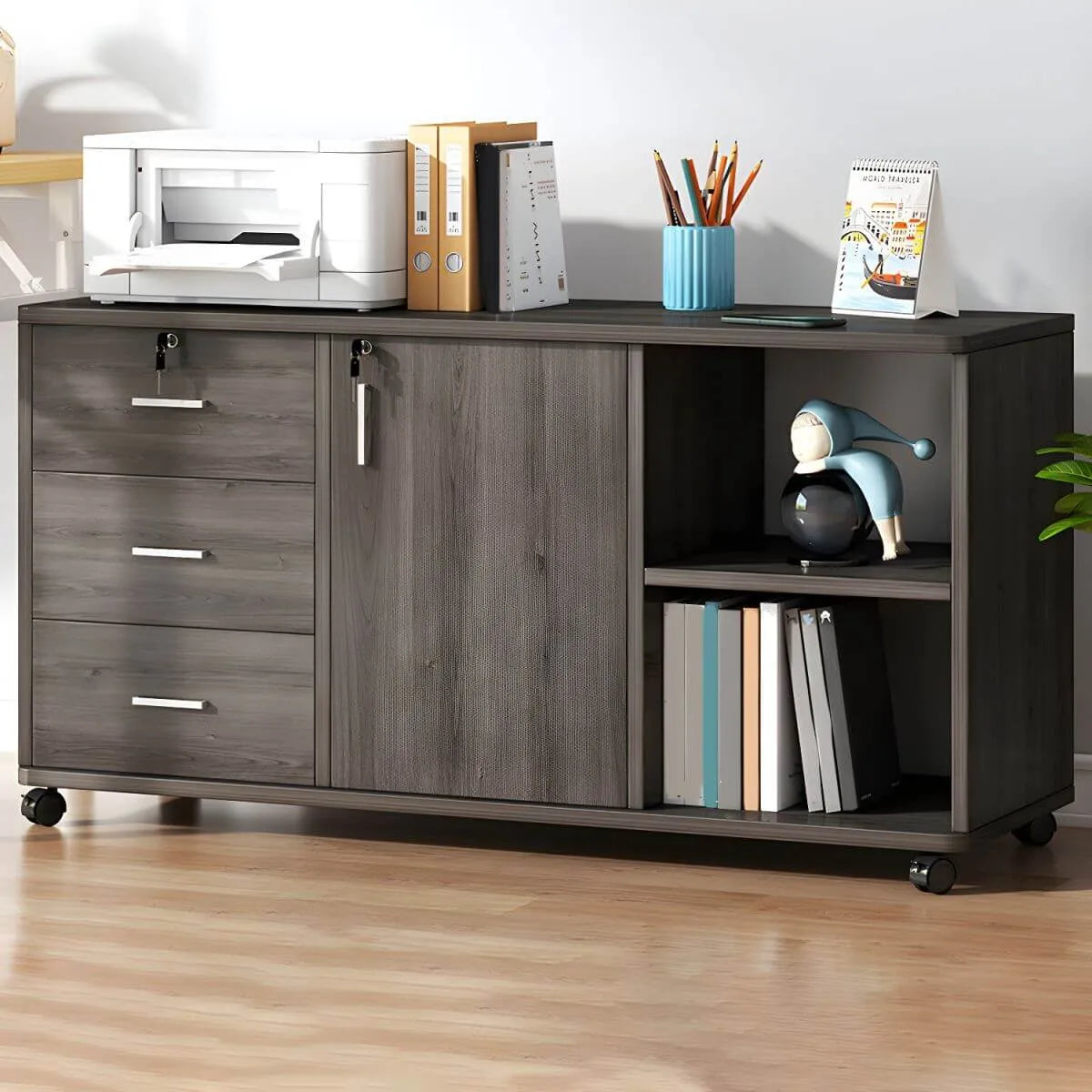 Modern Wood Office Storage Cabinet With Open Shelf And Drawers