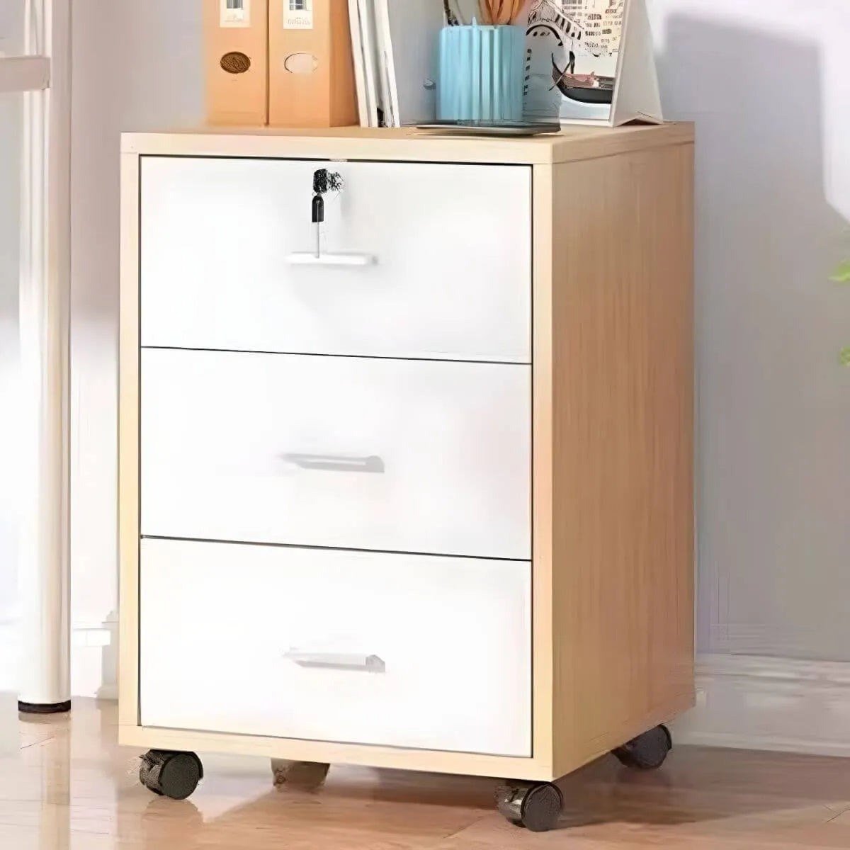 Modern Wood Office Storage Cabinet With Open Shelf And Drawers Secondary image