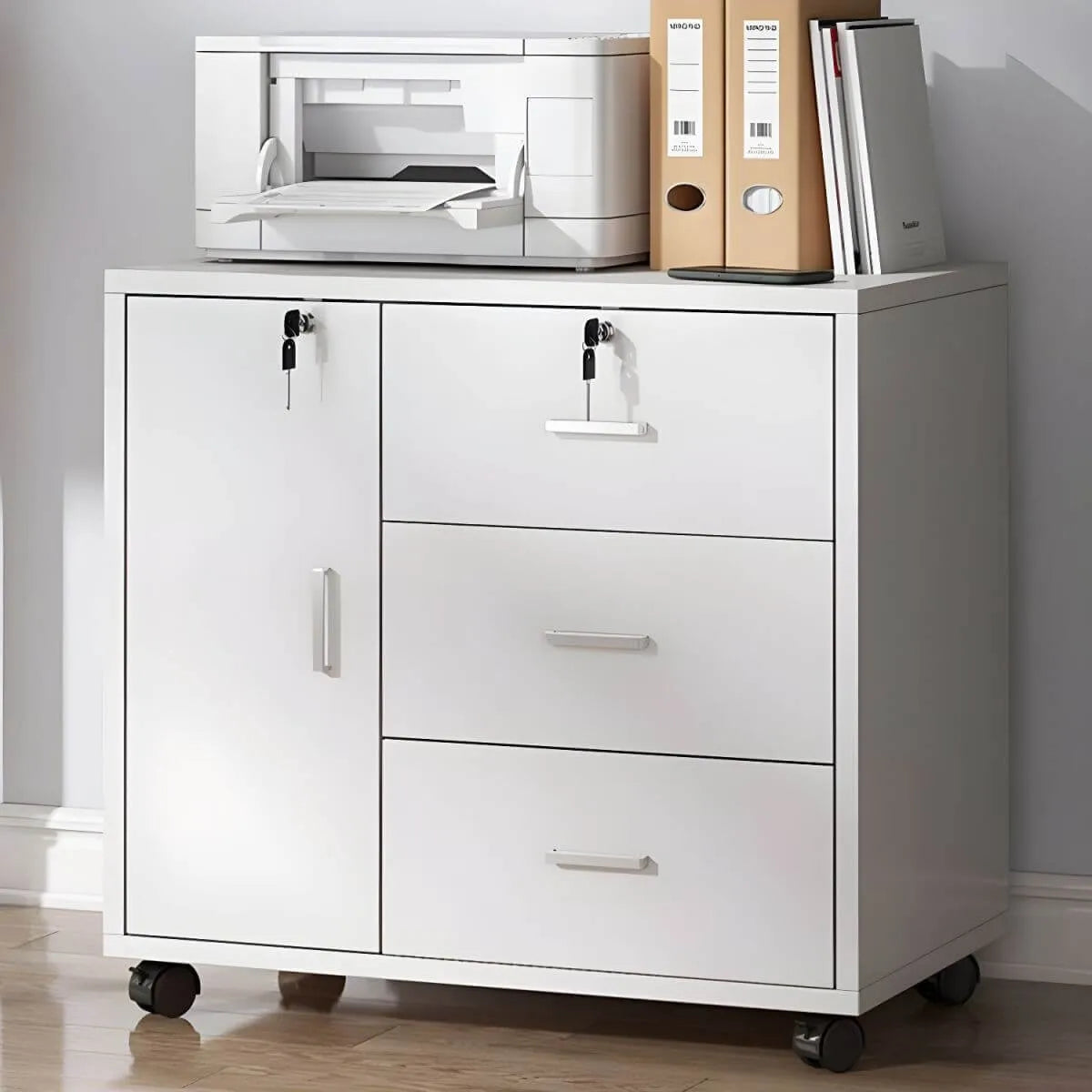 Modern Wood Office Storage Cabinet With Open Shelf And Drawers