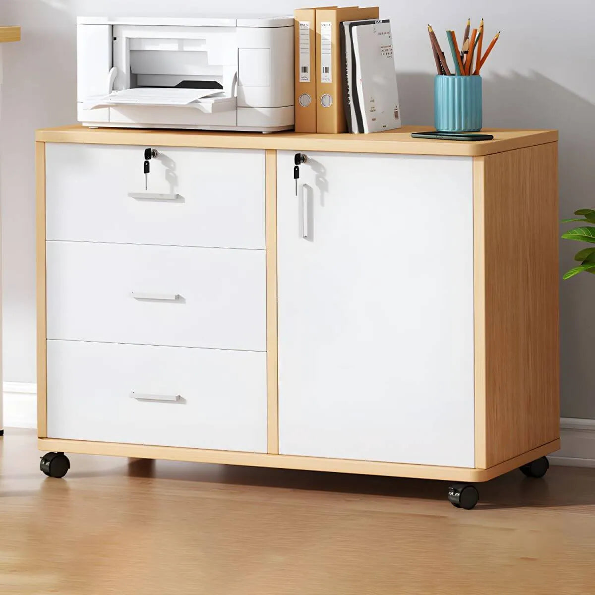 Modern Wood Office Storage Cabinet With Open Shelf And Drawers