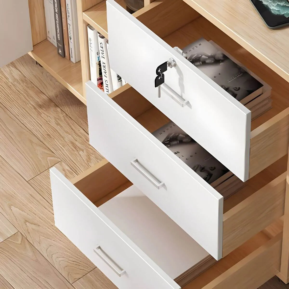 Modern Wood Office Storage Cabinet With Open Shelf And Drawers