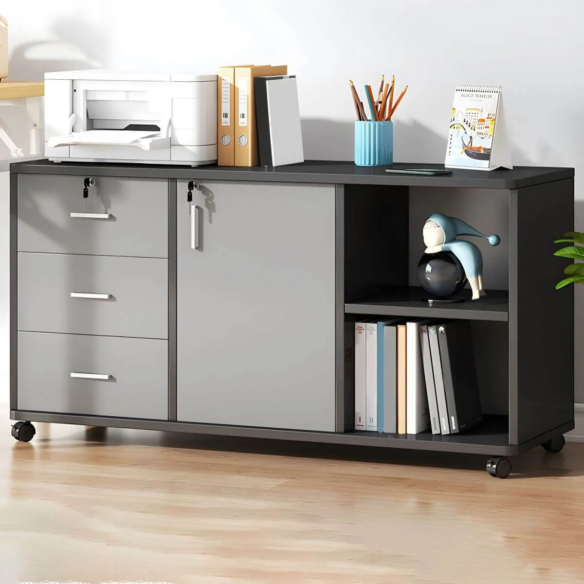 Modern Wood Office Storage Cabinet With Open Shelf And Drawers