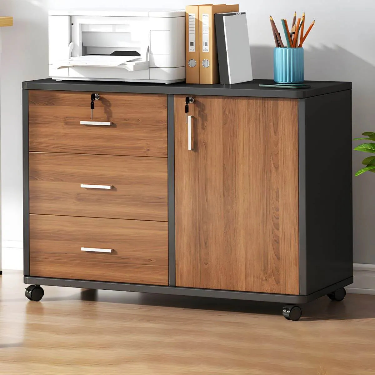 Modern Wood Office Storage Cabinet With Open Shelf And Drawers