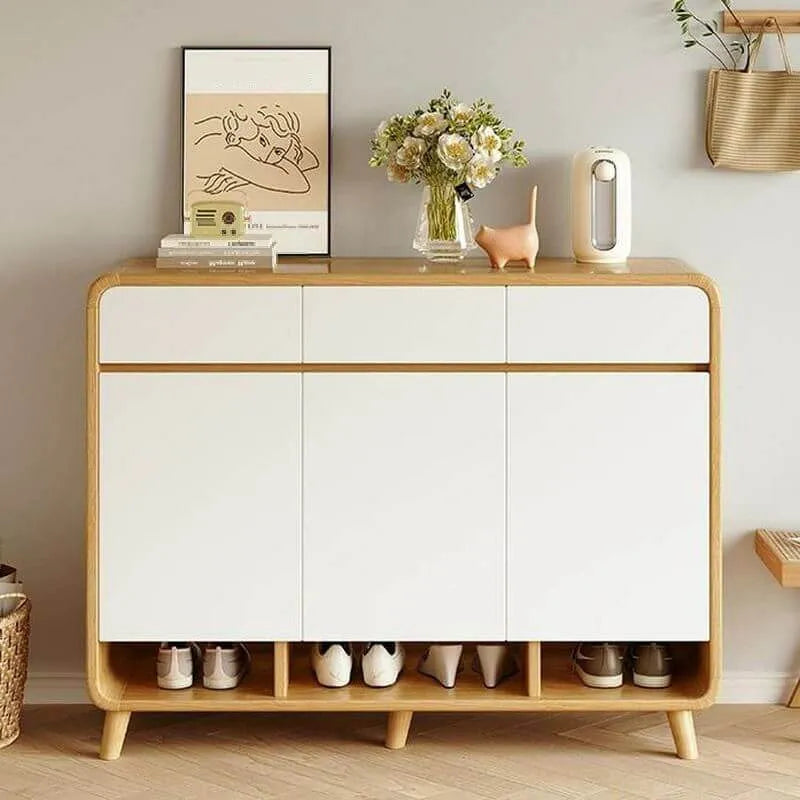 Modern Wood Shoe Cabinet with Drawers & Adjustable Shelves