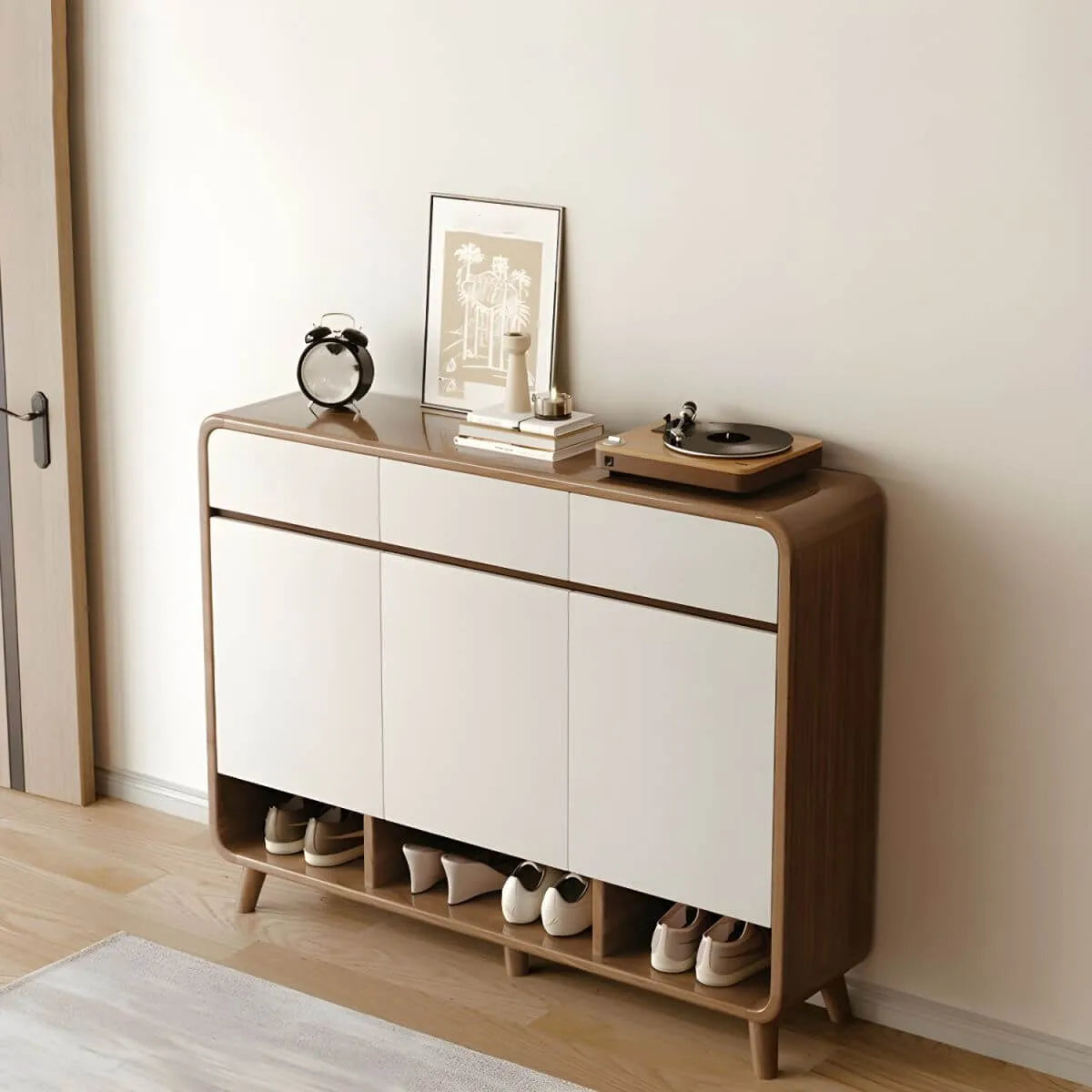 Modern Wood Shoe Cabinet with Drawers & Adjustable Shelves