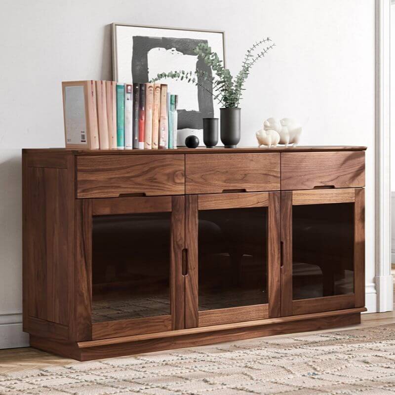 Modern Wood Sideboard with Glass Cabinet Doors and Drawer Storage Main Product Image Main image