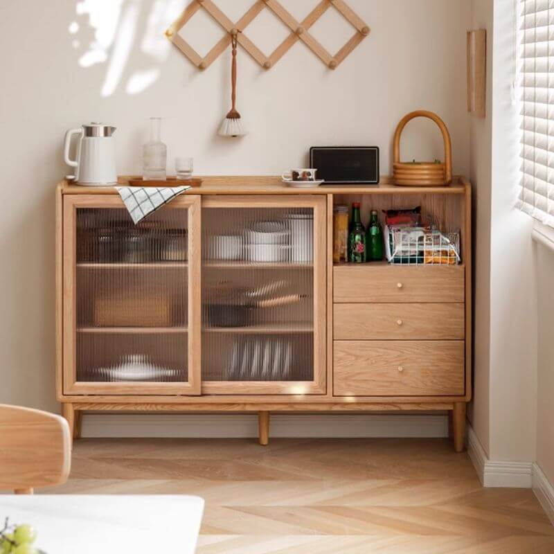 Modern Wood Sideboard with Shelves and Drawers in Walnut or Natural Finish