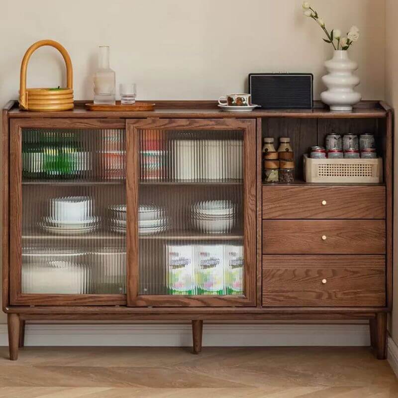 Modern Wood Sideboard with Shelves and Drawers in Walnut or Natural Finish