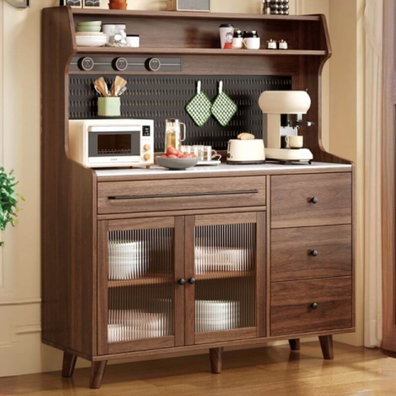 Modern Wood Sideboard with Stone Top and Fluted Glass Cabinets Secondary image