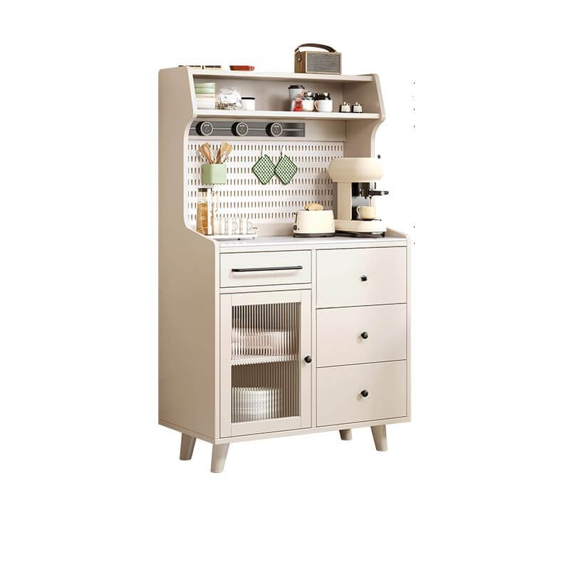 Modern Wood Sideboard with Stone Top and Fluted Glass Cabinets