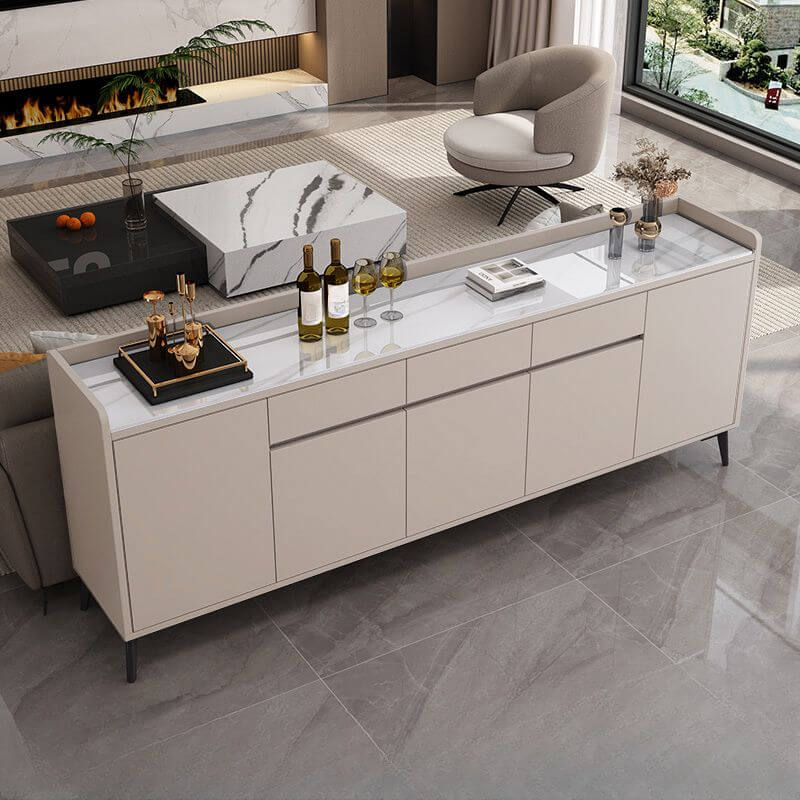 Modern Wood Sideboard with Stone Top in Gray Khaki and Walnut Finishes