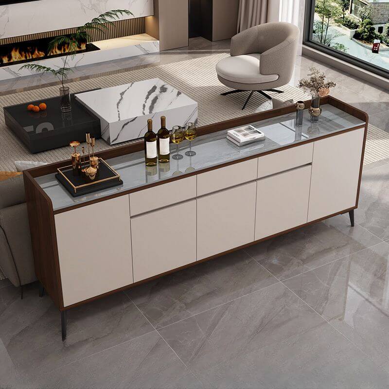 Modern Wood Sideboard with Stone Top in Gray Khaki and Walnut Finishes