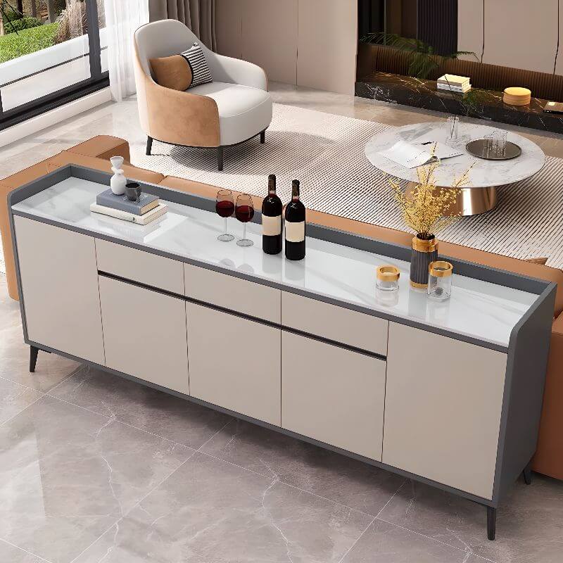 Modern Wood Sideboard with Stone Top in Gray Khaki and Walnut Finishes