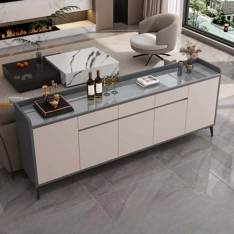 Modern Wood Sideboard with Stone Top in Gray Khaki and Walnut Finishes