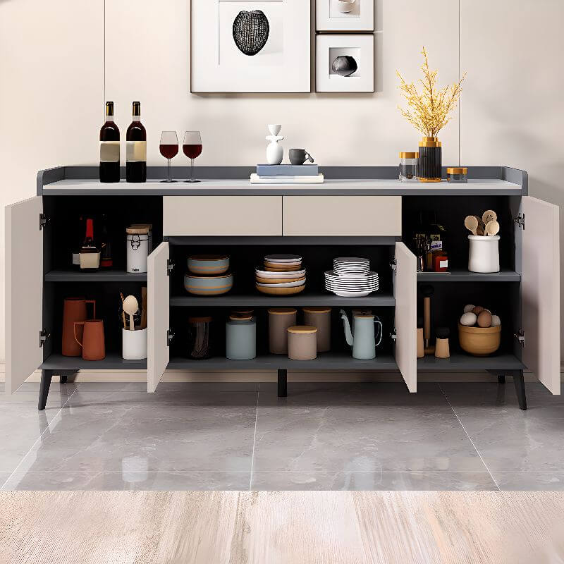 Modern Wood Sideboard with Stone Top in Gray Khaki and Walnut Finishes