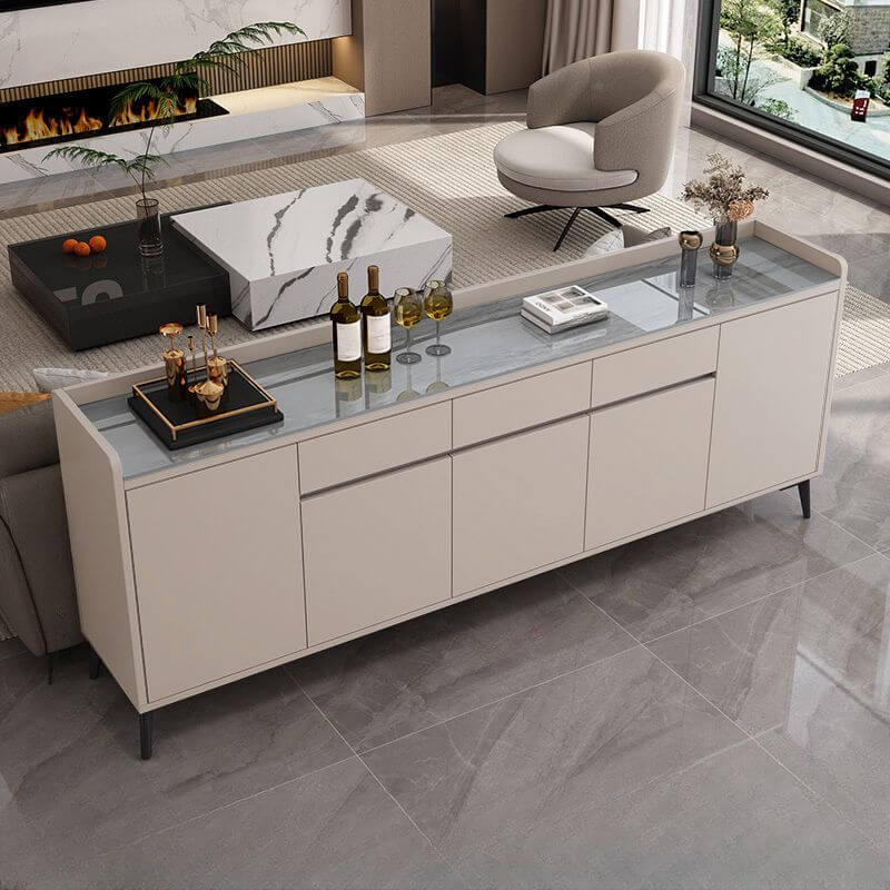Modern Wood Sideboard with Stone Top in Gray Khaki and Walnut Finishes