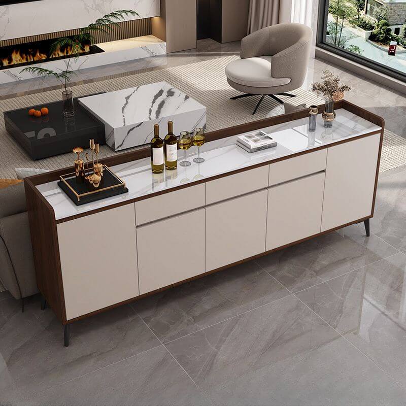 Modern Wood Sideboard with Stone Top in Gray Khaki and Walnut Finishes