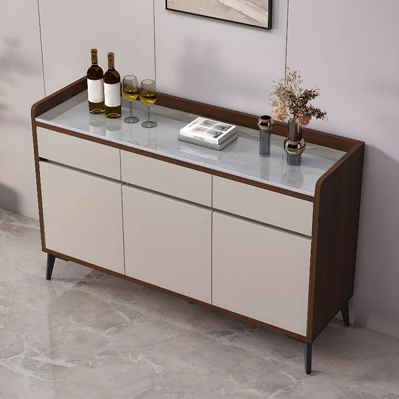Modern Wood Sideboard with Stone Top in Gray Khaki and Walnut Finishes