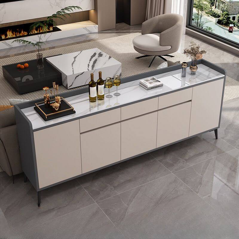 Modern Wood Sideboard with Stone Top in Gray Khaki and Walnut Finishes