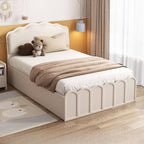 Modern Wood Storage Bed with Wave Design and Soft Upholstery