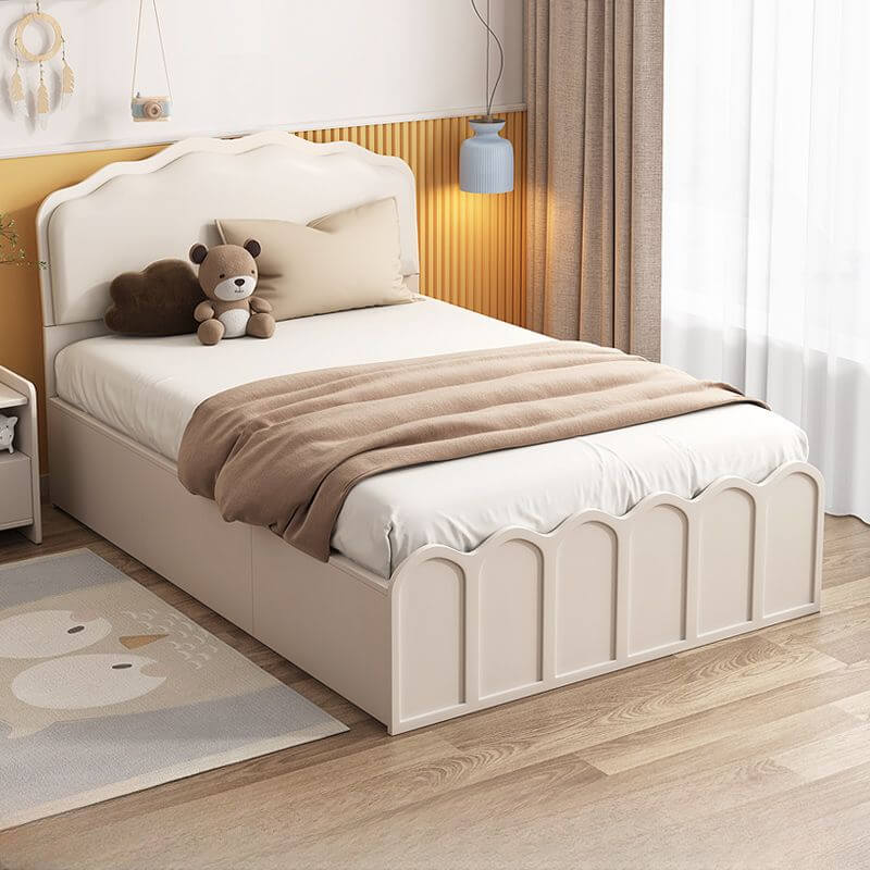 Modern Wood Storage Bed with Wave Design and Soft Upholstery