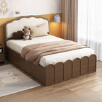 Modern Wood Storage Bed with Wave Design and Soft Upholstery