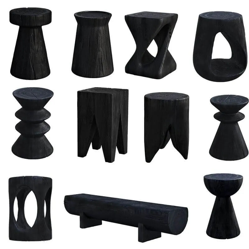 Modern Wood Utility Stools in Black & Natural – Solid Pine Accent Seating