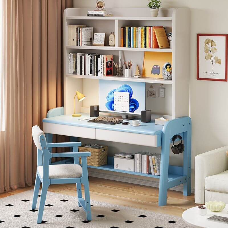 Modern Wood Writing Desk with Open Shelves and Storage Options