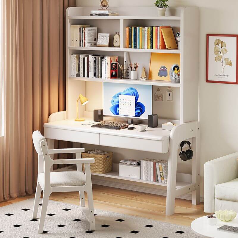 Modern Wood Writing Desk with Open Shelves and Storage Options