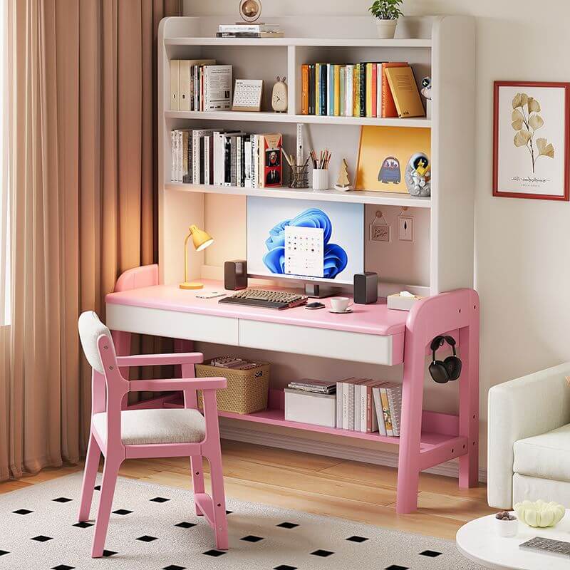 Modern Wood Writing Desk with Open Shelves and Storage Options