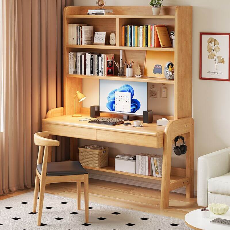 Modern Wood Writing Desk with Open Shelves and Storage Options