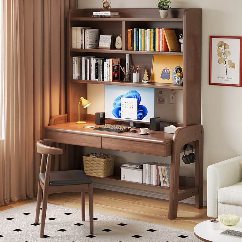 Modern Wood Writing Desk with Open Shelves and Storage Options