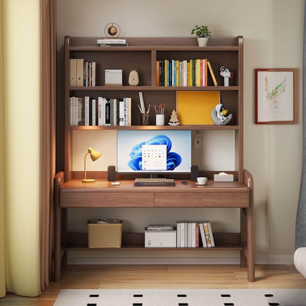 Modern Wood Writing Desk with Open Shelves and Storage Options Main Product Image