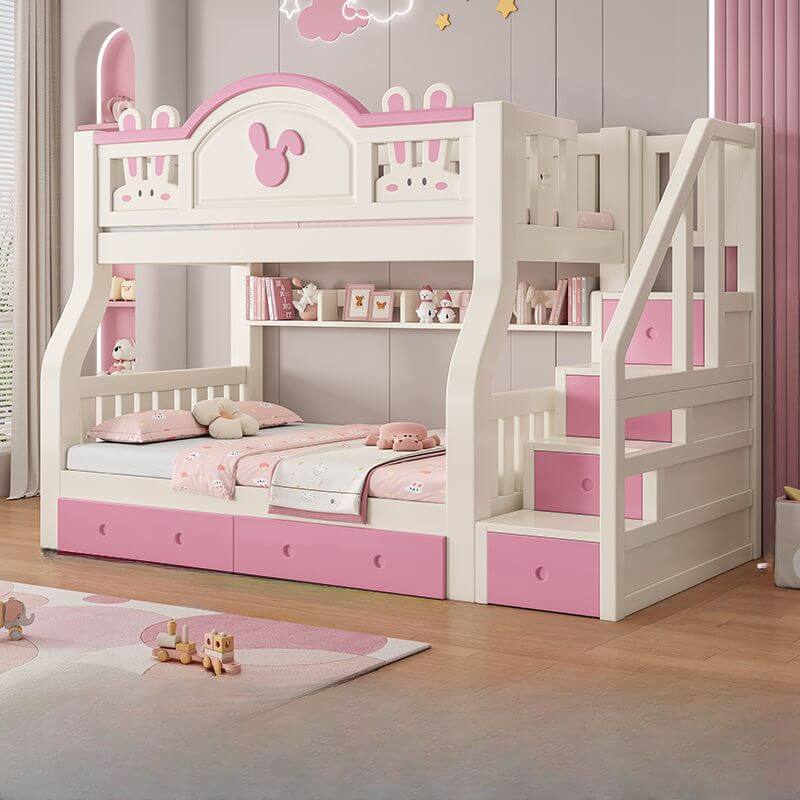 Modern Wooden Animal-Themed Bunk Bed with Stairs, Storage & Rabbit Motif