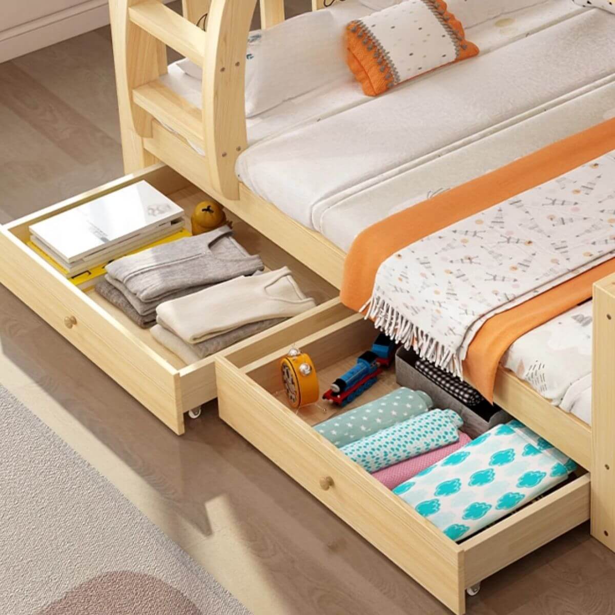 Modern Wooden Bunk Bed with Ladder and Mattress
