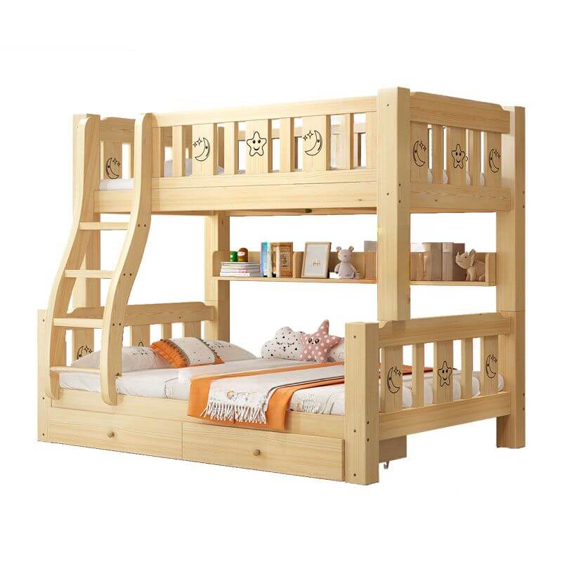 Modern Wooden Bunk Bed with Ladder and Mattress