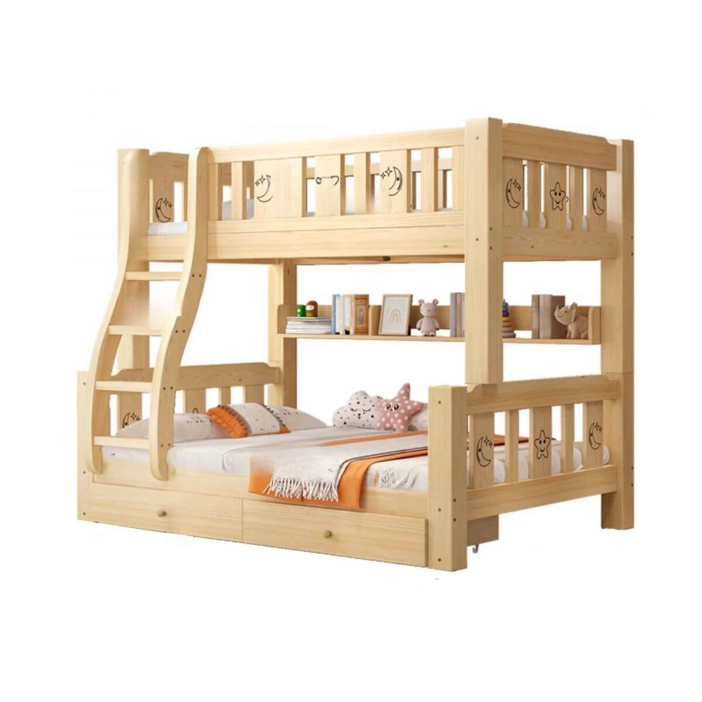 Modern Wooden Bunk Bed with Ladder and Mattress