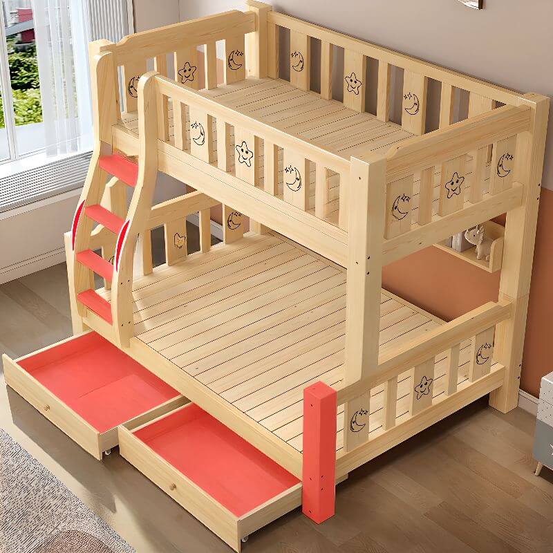 Modern Wooden Bunk Bed with Ladder and Mattress