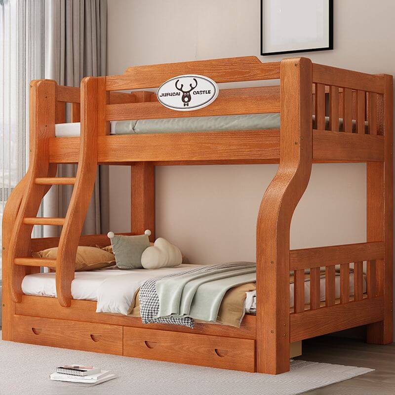 Modern Wooden Bunk Bed with Ladder, Guardrails and Drawer