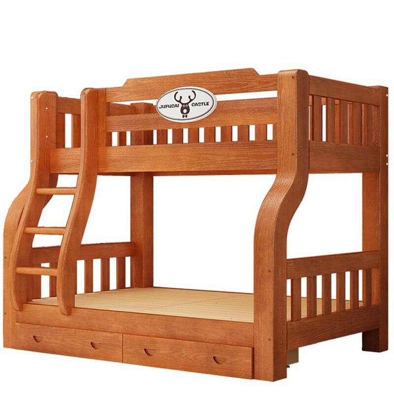 Modern Wooden Bunk Bed with Ladder, Guardrails and Drawer