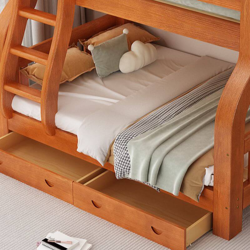 Modern Wooden Bunk Bed with Ladder, Guardrails and Drawer